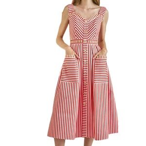 HUNTER BELL Red and White Striped Midi Dress
